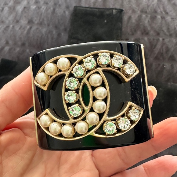CHANEL Black Resin Crystal and Faux Pearl CC Wide Cuff Bracelet - Picture 2 of 10